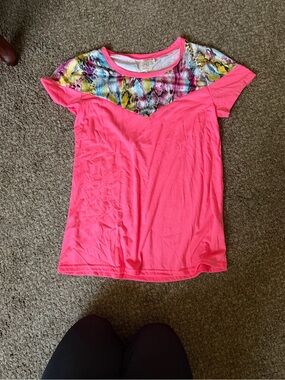 Bright Pink Short Sleeve Tee with Multicolor Snake-Print Yoke